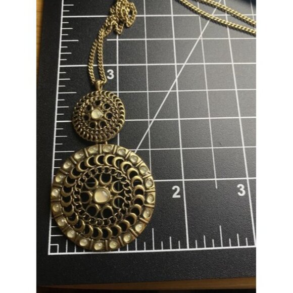 Lucky Brand Necklace Gold Tone Tribal Double Disk Crescent Faux Moon Stone 29+2" - Picture 6 of 8